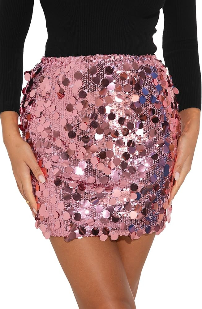 GUANYY Sequin Skirt for Women-Stretchy Bodycon Night Out Party Shine Sparkly Mini Skirts | Amazon (US)