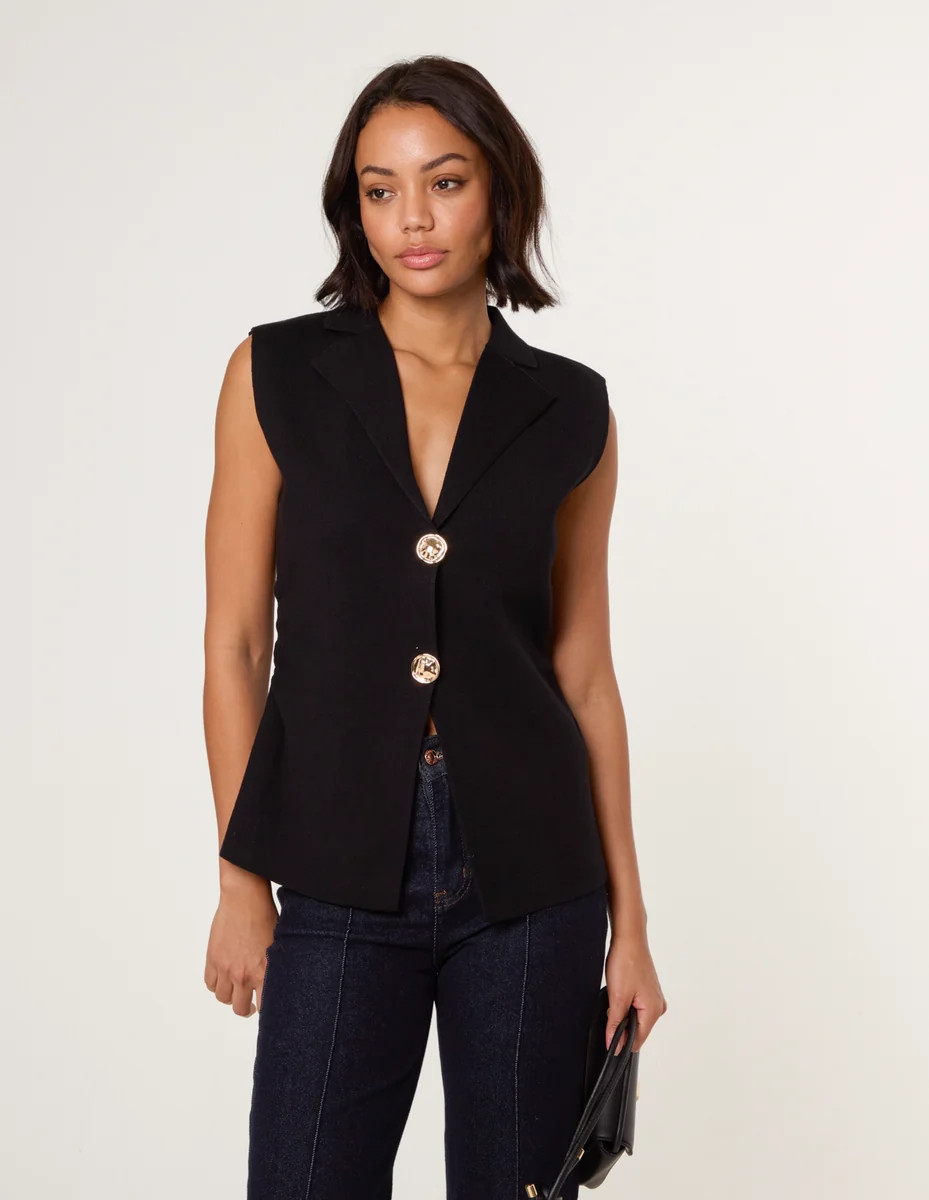 Black | Gold Button Front Tailored Vest | Blue Vanilla | Blue Vanilla