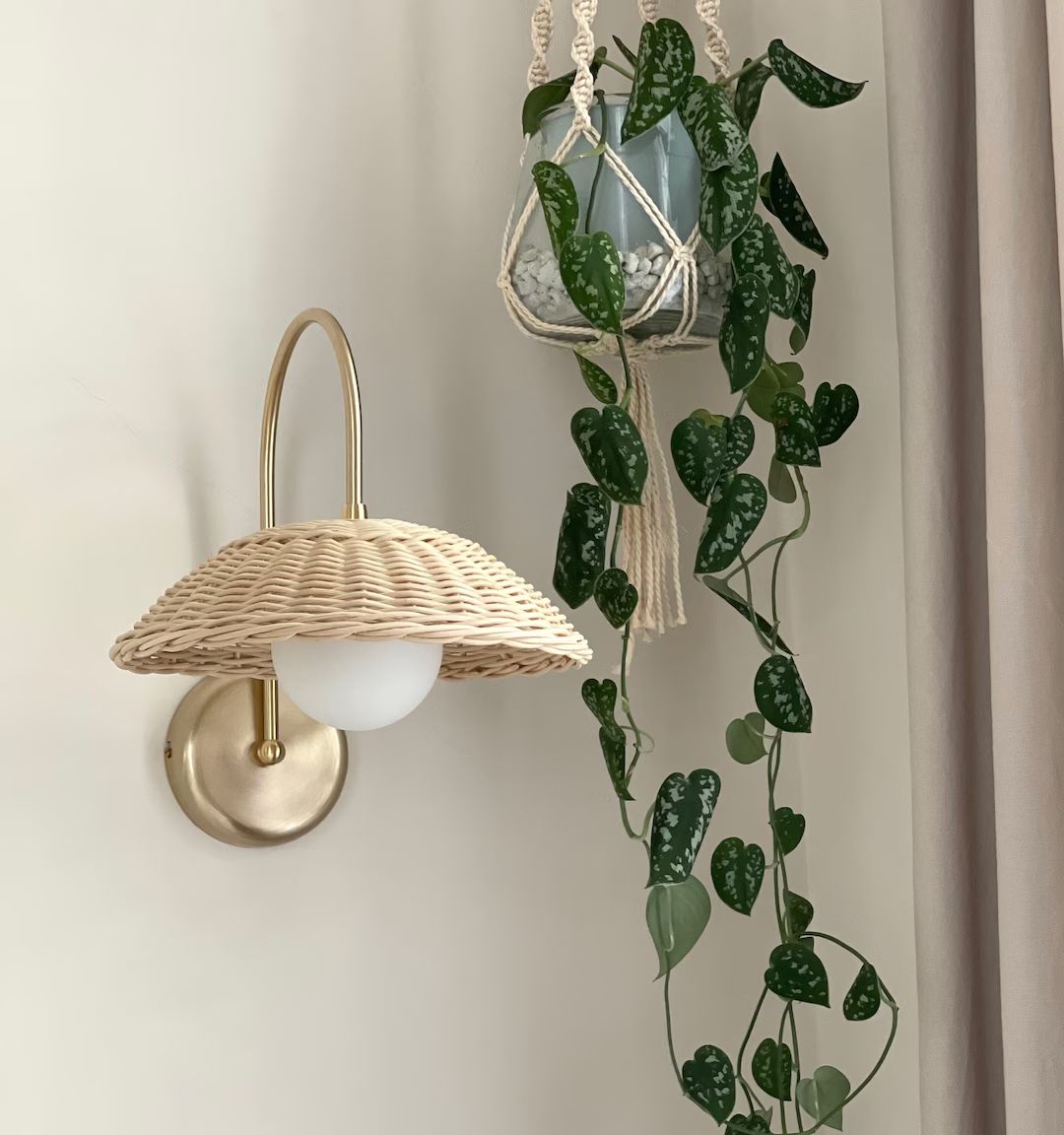 Rattan Globe Sconce Light Minimal Wall Lamp Bamboo Basket Boho Lighting Modern Rustic Home Decor | Etsy (US)