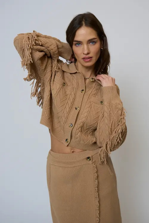 Central Park West Elyse Cabled Fringe Sweater Cardigan in Camel at Nordstrom, Size Small | Nordstrom