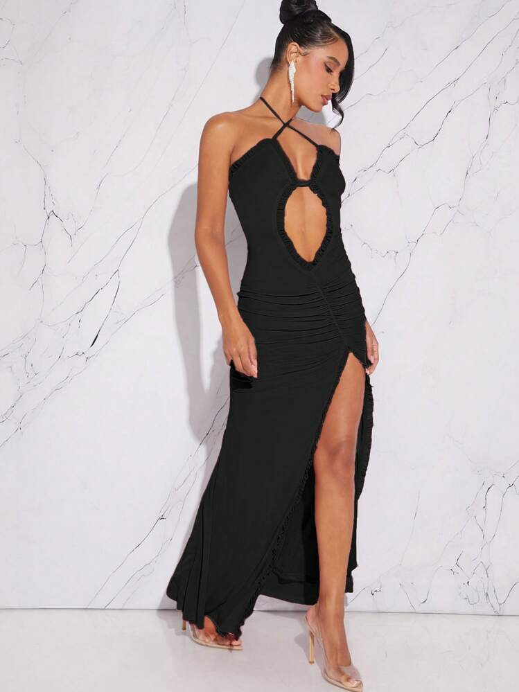 SHEIN Haute Fall Sexy Elegant Black Women Dresses With Cut Out Front Split Thigh Halter Neck Open... | SHEIN