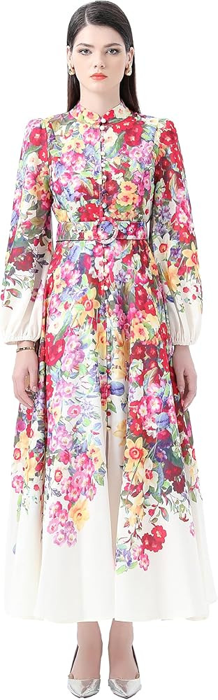 LAI MENG FIVE CATS Women's Floral Print Lantern Sleeve Slit Button Up Maxi Dress | Amazon (US)