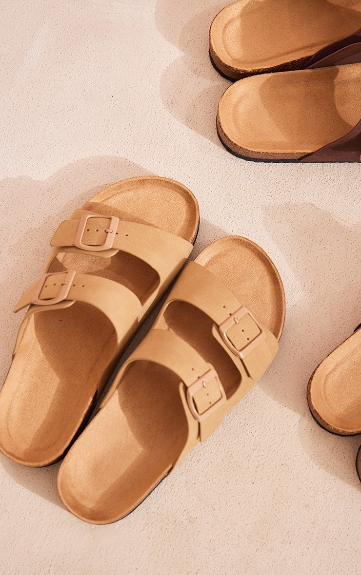 Taupe Faux Suede Round Toe Buckle Sandals | PrettyLittleThing UK