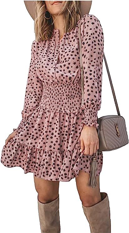 PRETTYGARDEN Casual Dresses for Women - Long Sleeve Button V Neck Chiffon Ruffle Mini Dress (Pink... | Amazon (US)
