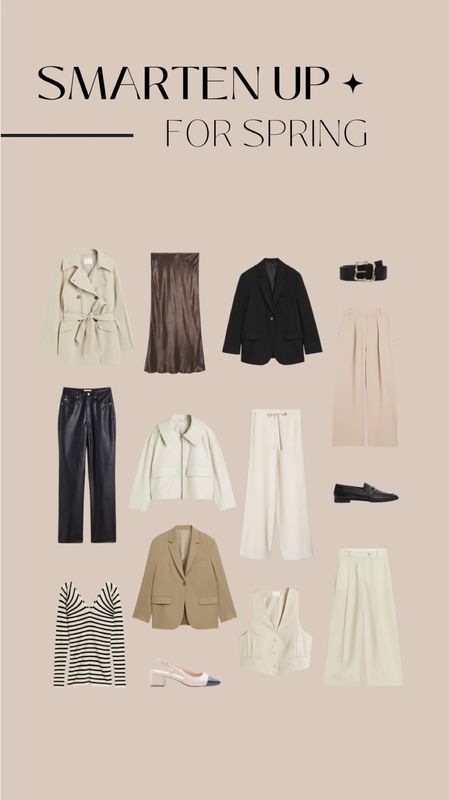 Smarten up for Spring, smart casual style, work wear, spring style, new in season, transitional fashion, brown satin skirt, black blazer, neutral trousers, waistcoat cord, striped top, court heels, Moccasins, leather trousers, H&M, River Island, Mango, Arket

#LTKeurope #LTKSeasonal #LTKstyletip
