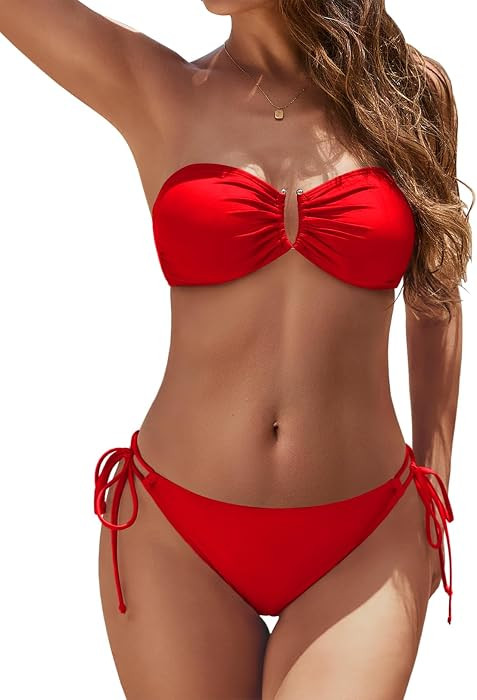 YACUN Women's 2 Piece Strapless Bandeau Bikini Set U-Wire Cheeky Bathing Suit Lace up Swimsuits | Amazon (US)