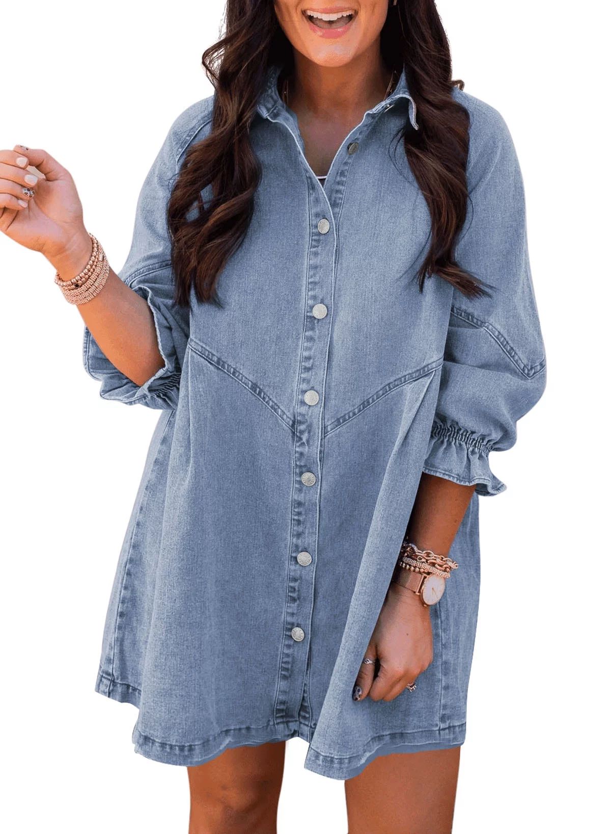 Dokotoo Women's Denim Mini Dress Casual Loose Ruffled 3/4 Sleeve Button Down Short Dresses S-XL | Walmart (US)