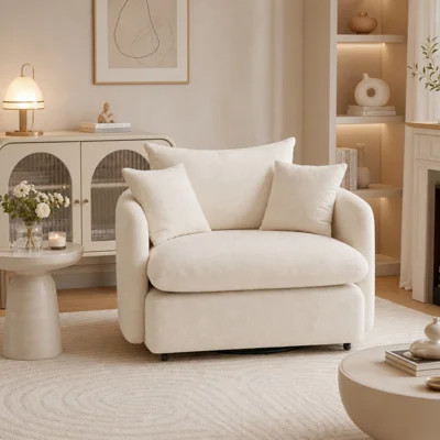 Cream Boucle Swivel Accent Chair, Comfy Oversized Single Sofa With Pillows For Small Spaces | Wayfair North America