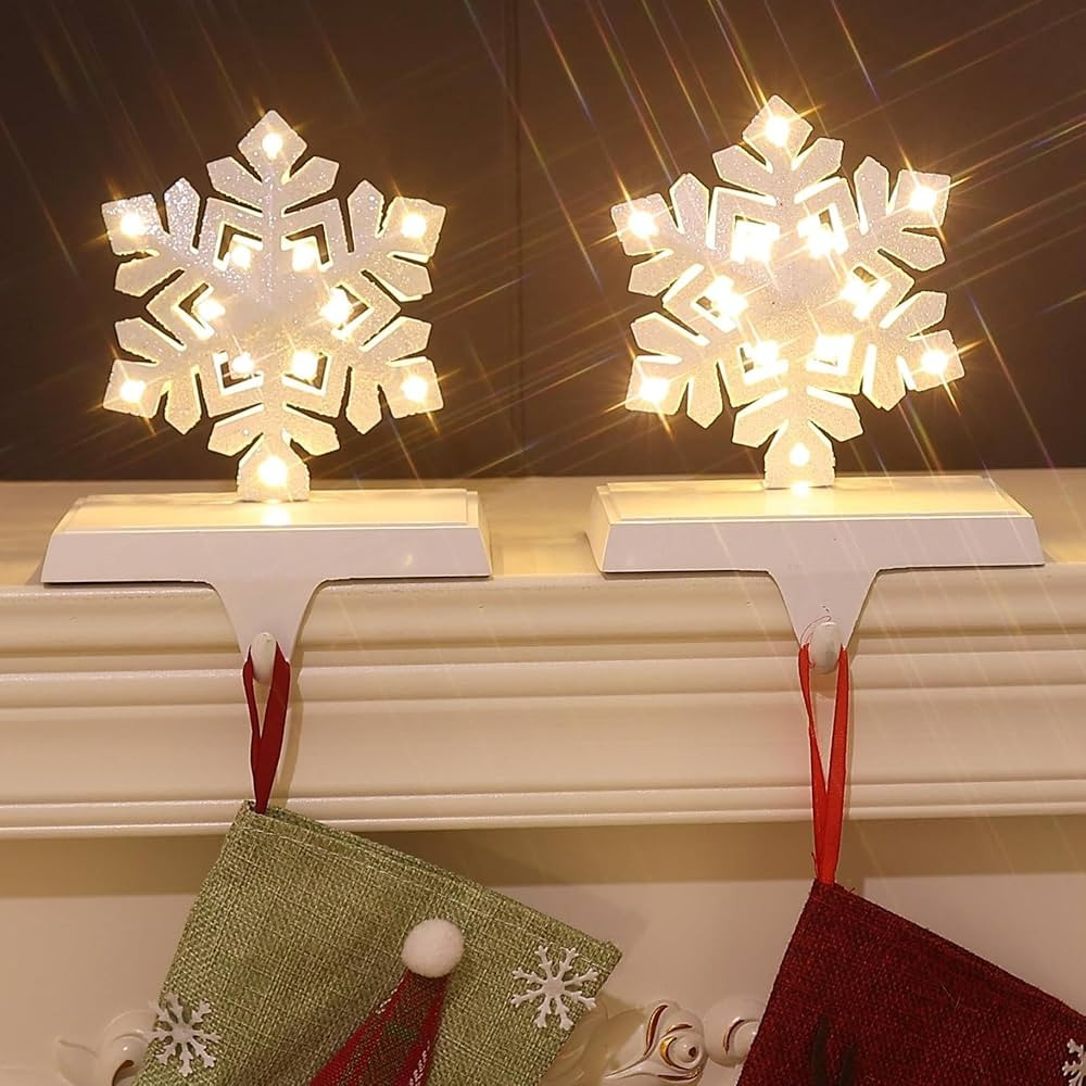 2PCS White LED Snowflake Stocking Holder Xmas Stocking Hanger for Mantel Lighted Farmhouse Christ... | Amazon (US)