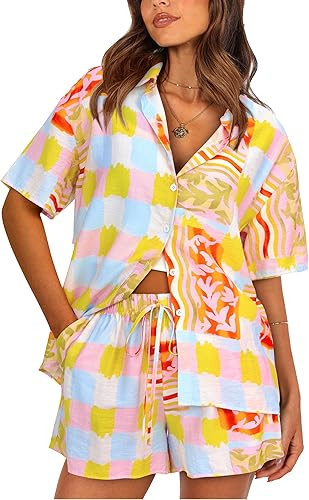 PRETTYGARDEN Women Summer 2 Piece Beach Outfits Printed Short Sleeve Tops Lounge Shorts Casual Tr... | Amazon (US)