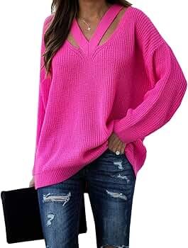 Aurgelmir Women Oversized Sweater Long Sleeve Cut Out V Neck Sweaters Knitted Pullover Jumper Top | Amazon (US)