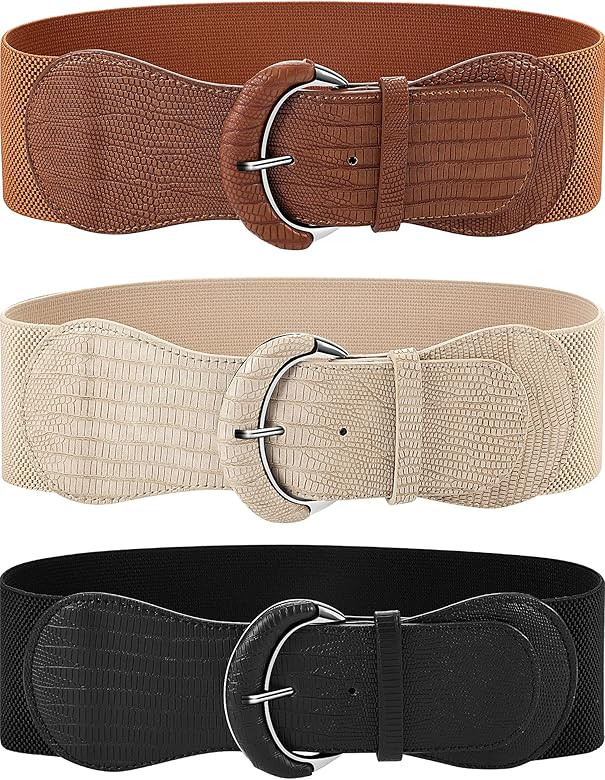 3 Pieces Women Wide Belt for Dress Women Dress Belt Stretchy Cinch Leather Elastic Belt for Ladies D | Amazon (US)