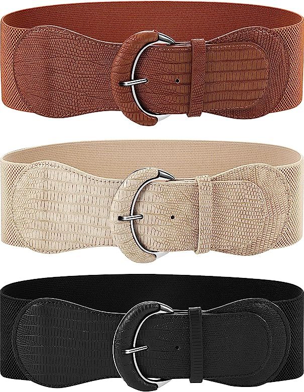 3 Pieces Wide Women Waist Belt Stretchy Cinch Belt Leather Elastic Belt for Ladies Dress Decorati... | Amazon (US)
