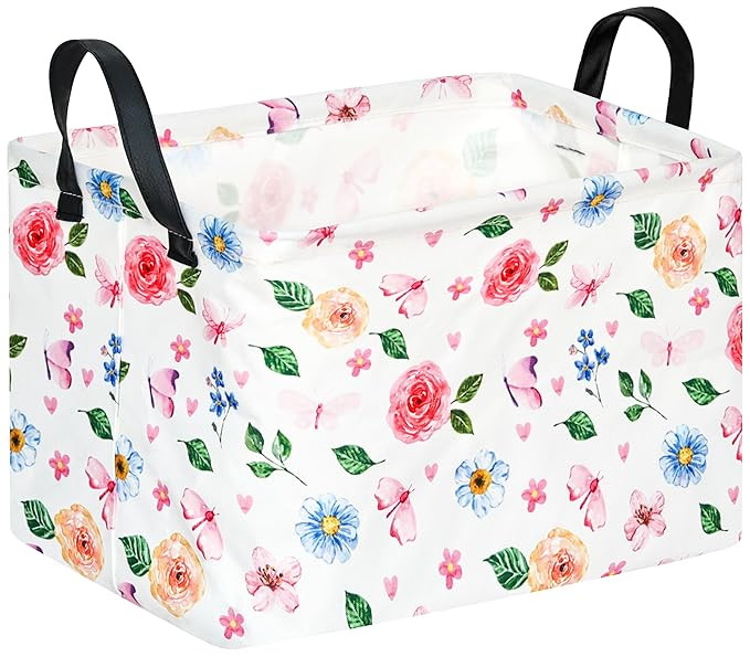 Rectangular Storage Bin for Shelves Cute Flower Gifts Baskets Foldable Box with Handles for Girls... | Amazon (US)