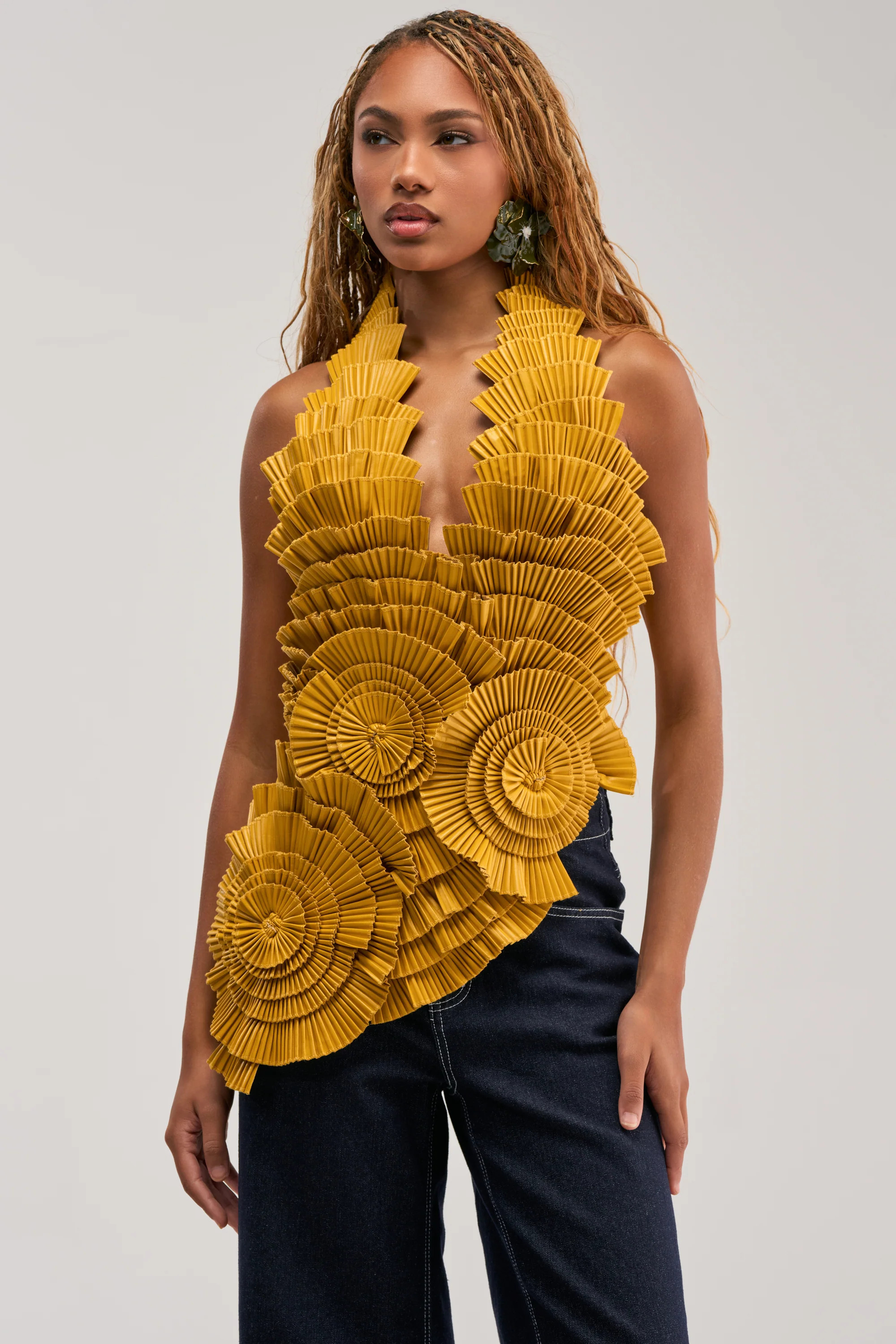 Pleated Faux Leather Halter Blouse in Yellow | AKIRA | AKIRA