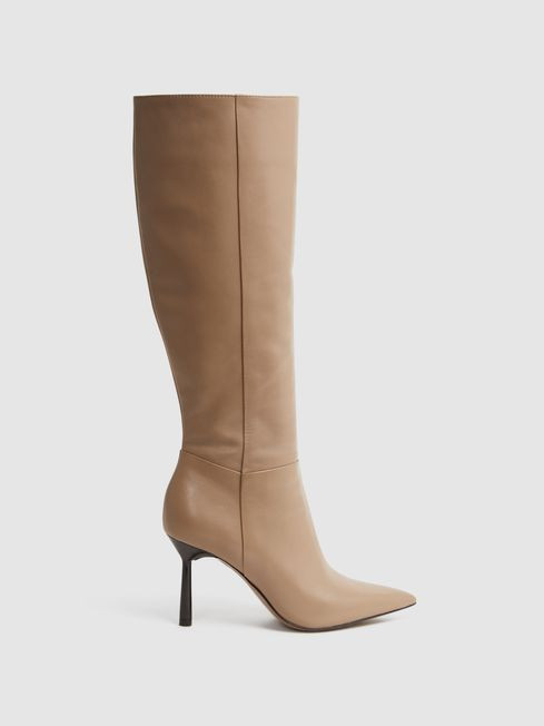 Leather Knee High Heeled Boots in Camel | Reiss US