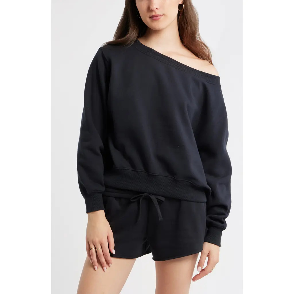 BP. Off the Shoulder Fleece Sweatshirt in Black Jet at Nordstrom, Size X-Large | Nordstrom