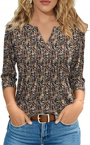 FreshNight 3/4 Length Sleeve Womens Tops Pleated V Neck T Shirts for Women Blouses Dressy Casual | Amazon (US)