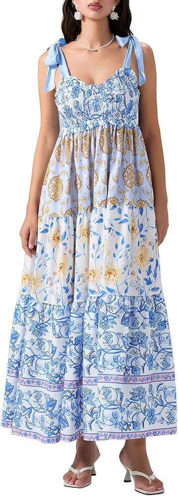 Women Floral Boho Maxi Dress Tie Shoulder Spaghetti Strap Dress Flowy Tiered Long Dress Summer Be... | Amazon (US)