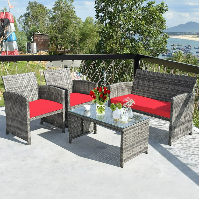 Costway 4PCS Patio Rattan Conversation Glass Table Top Cushioned Sofa Red | Walmart (US)