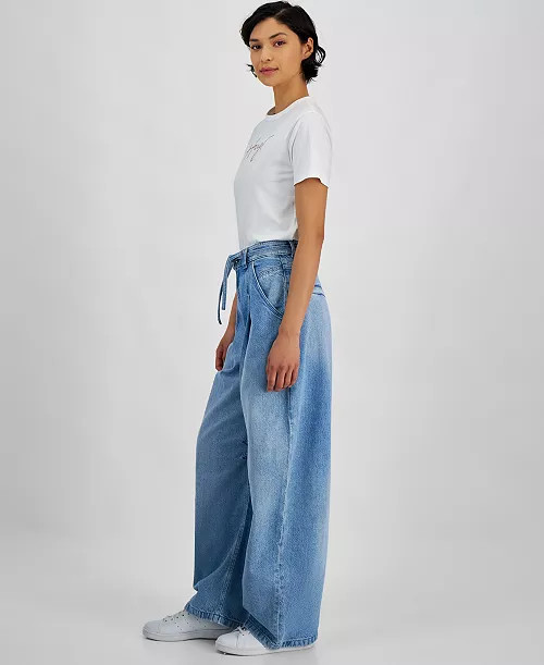 Women's Pleated Barrel-Leg Denim Pants | Macy's