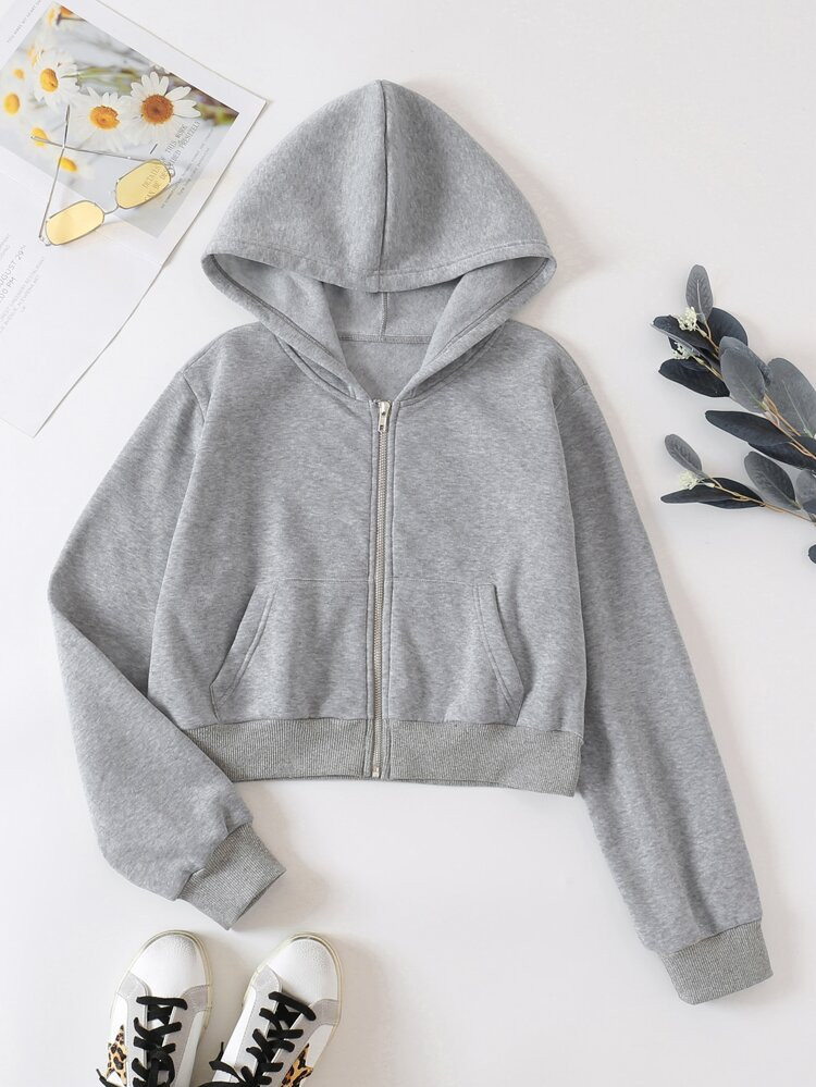 Solid Zip Up Drop Shoulder Thermal Lined Crop Hoodie | SHEIN