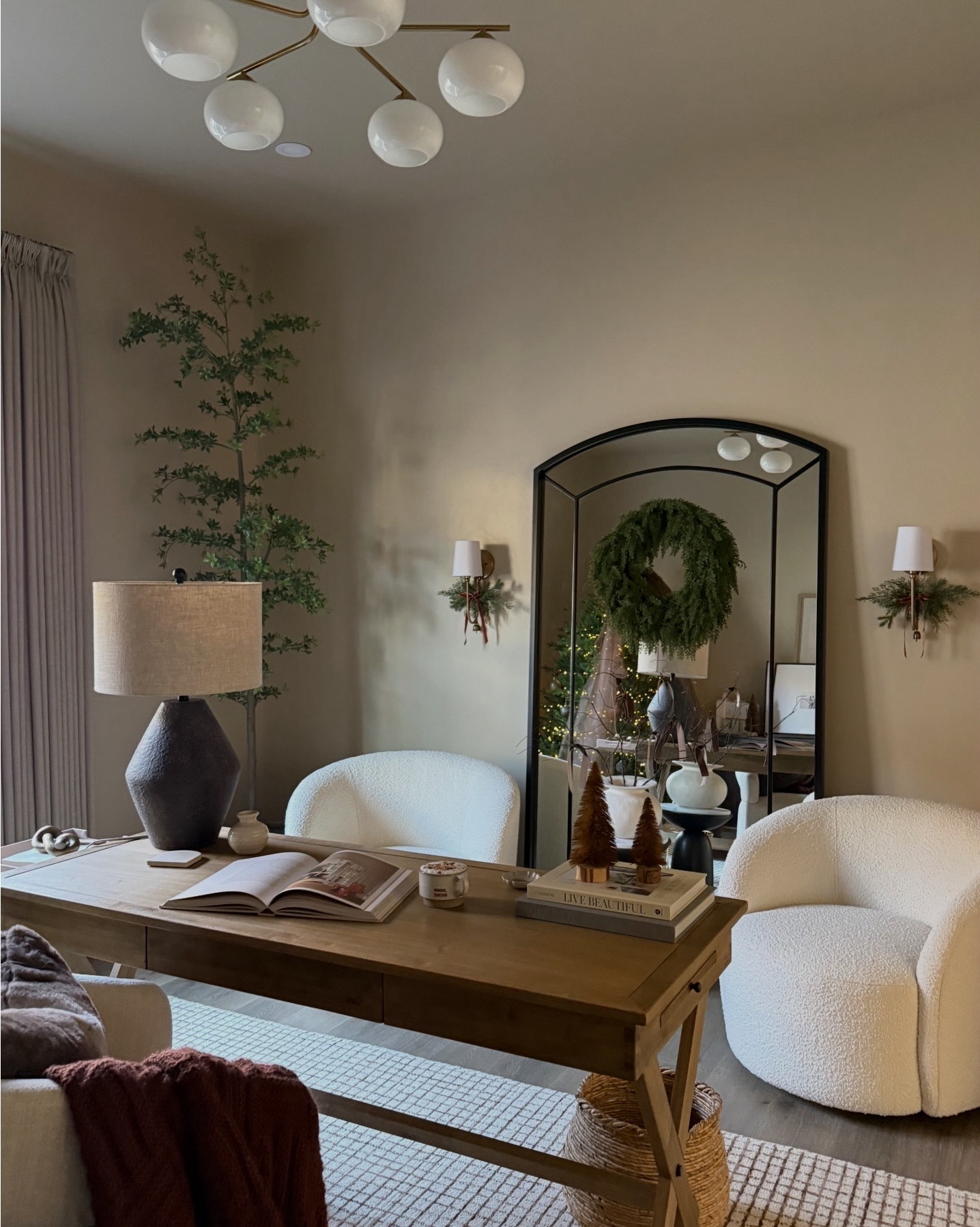 Christmas decor, holiday decor, home office, office decor, office Inspo, Christmas tree, large bow, Christmas tree decorations, ornaments, home decor, neutral home, cozy home, moody office decor, office chair, area rug, checkered rug, floor mirror, wall sconces, office desk, custom curtains, shady lady, wreath, swivel chairs 


#rugsusa #twopages #twopagescurtains #potterybarn #amazon #worldmarket 


#LTKHome #LTKHoliday