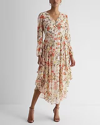 Floral Print Button Front Tie Waist Midi Dress | Express