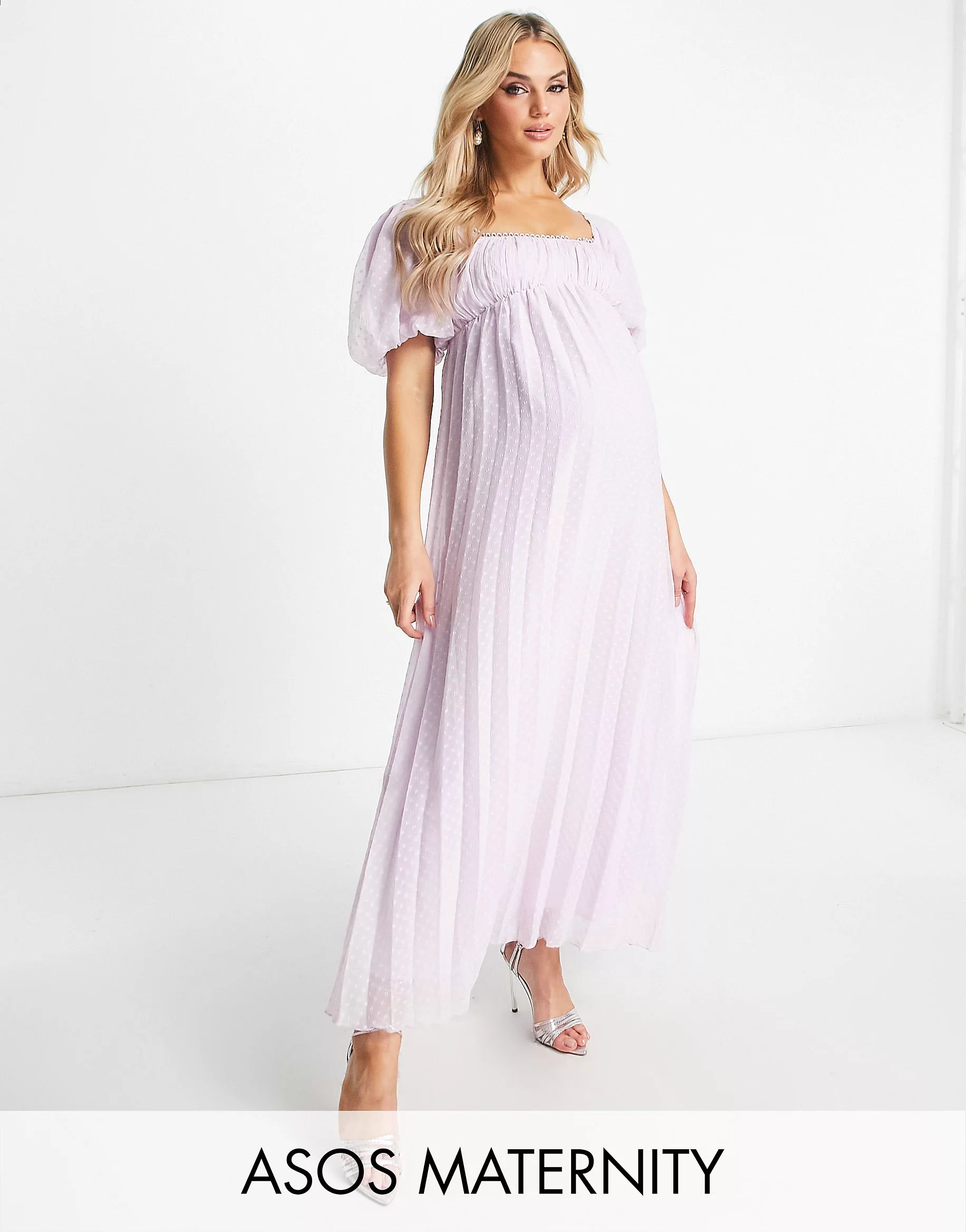 ASOS DESIGN Maternity puff sleeve pleated textured midi dress with scallop trim in lavender | ASOS (Global)