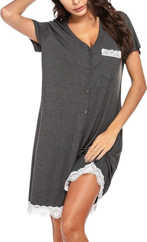 Ekouaer Women's Nightgown Striped Tee Short Sleeve Comfy Sleep Nightshirt Button Down Pajama Dres... | Amazon (US)