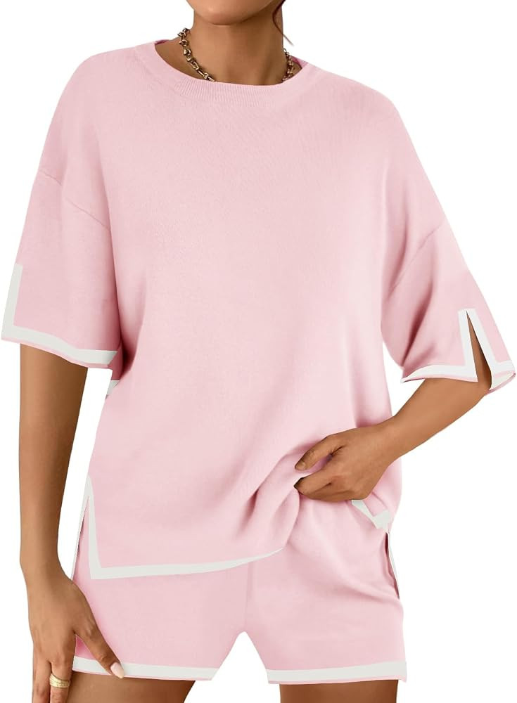 Tankaneo Womens 2 Piece Outfits Tracksuits Summer Short Sleeve Knit Sweater Tops and Shorts Match... | Amazon (US)