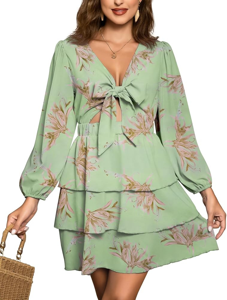 Women's Puff Sleeves Floral Short Dress Tie Front V Neck Short Sleeve Tiered Ruffle Boho Mini Dre... | Amazon (US)