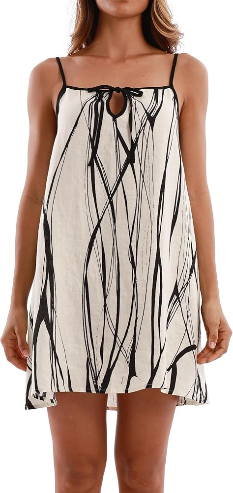 Xintianji Womens 100% Linen Dress Sleeveless Mini Adjustable Straps Beach Sundress | Amazon (US)