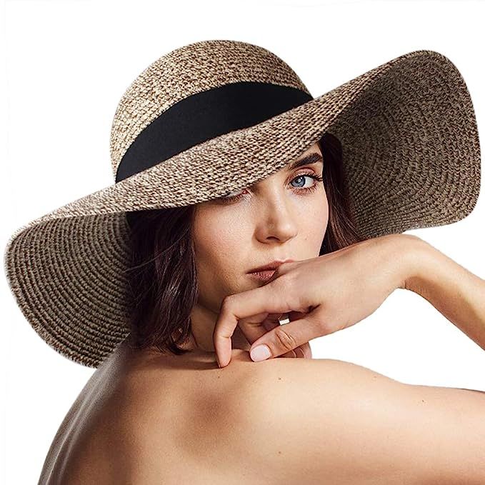 Womens Sun Straw Hat Wide Brim UPF 50 Summer Hat Foldable Roll up Floppy Beach Hats for Women | Amazon (US)