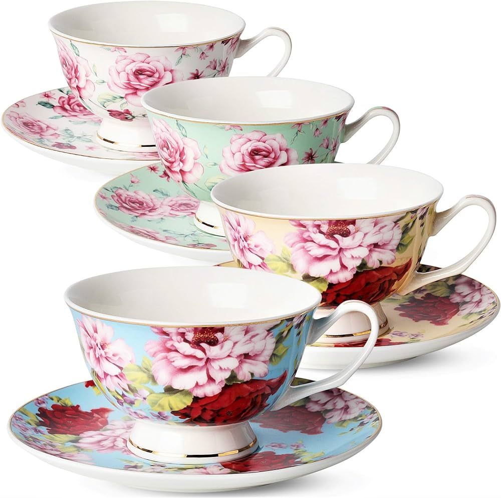 BTäT- Floral Tea Cups and Saucers, Set of 4 (7oz) with Gold Trim and Gift Box, Cappuccino Cups, ... | Amazon (US)