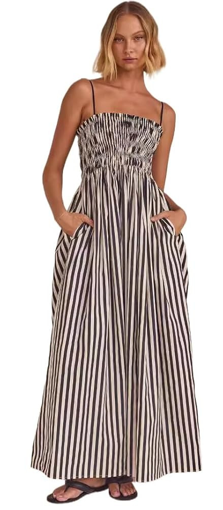 RanRui Women Striped Sleeveless Maxi Dress | Backless Smocked Boho Flowy Sundress | Spaghetti Str... | Amazon (US)
