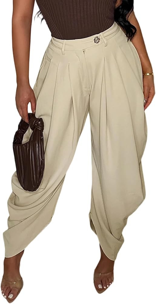 LETSVDO Women's Dress Slacks High Waist Baggy Barrel Pleated Business Work Pants Casual Wide Leg ... | Amazon (US)