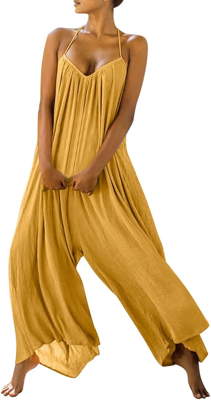 utcoco Women's Casual Sleeveless Adjustable Spaghetti Straps Solid Color Backless Summer Boho Jum... | Amazon (US)