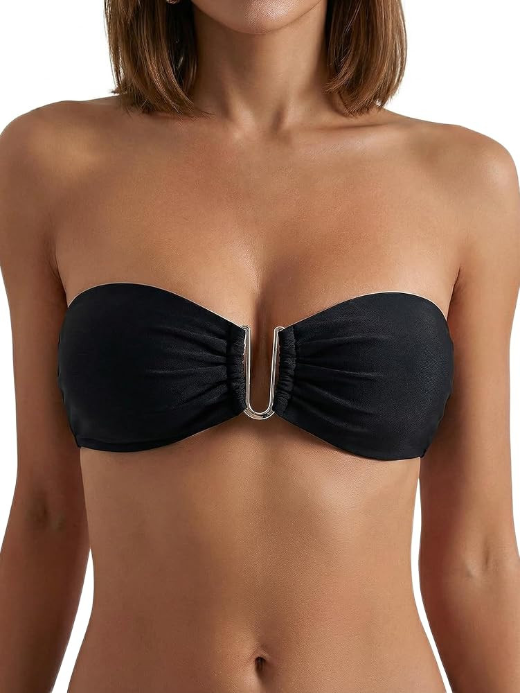 MakeMeChic Women's Strapless Bandeau Bikini Tops Tie Back Ruched Bathing Suit Summer Tops | Amazon (US)