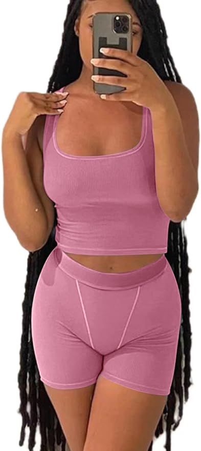 AYWA Casual Workout Sets Two Piece Outfits for Women Ribbed Crop Tank Top High Waist Leggings Act... | Amazon (US)