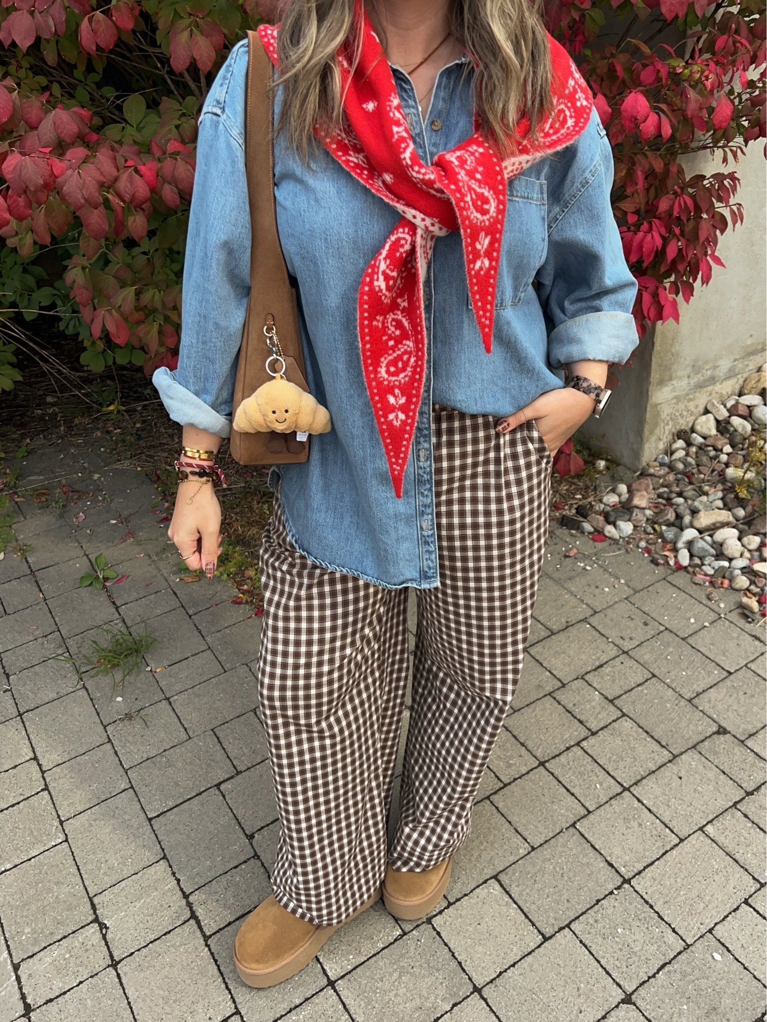 Casual fall outfit! Code AFLTK for extra 20% off Abercrombie! Wearing size L in the denim shirt (Canadian link under “similar products”). Plaid pants are super comfy, I’m wearing M. I’m a 9.5-10 shoe and wear a 10 in the Uggs. My red bandana scarf is low stock, so I linked a bunch of similar options
