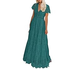 MEROKEETY Women's V Neck Short Sleeve Floral Lace Wedding Dress Bridesmaid Cocktail Party Maxi Dr... | Amazon (US)