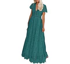 MEROKEETY Women's V Neck Short Sleeve Floral Lace Wedding Dress Bridesmaid Cocktail Party Maxi Dr... | Amazon (US)