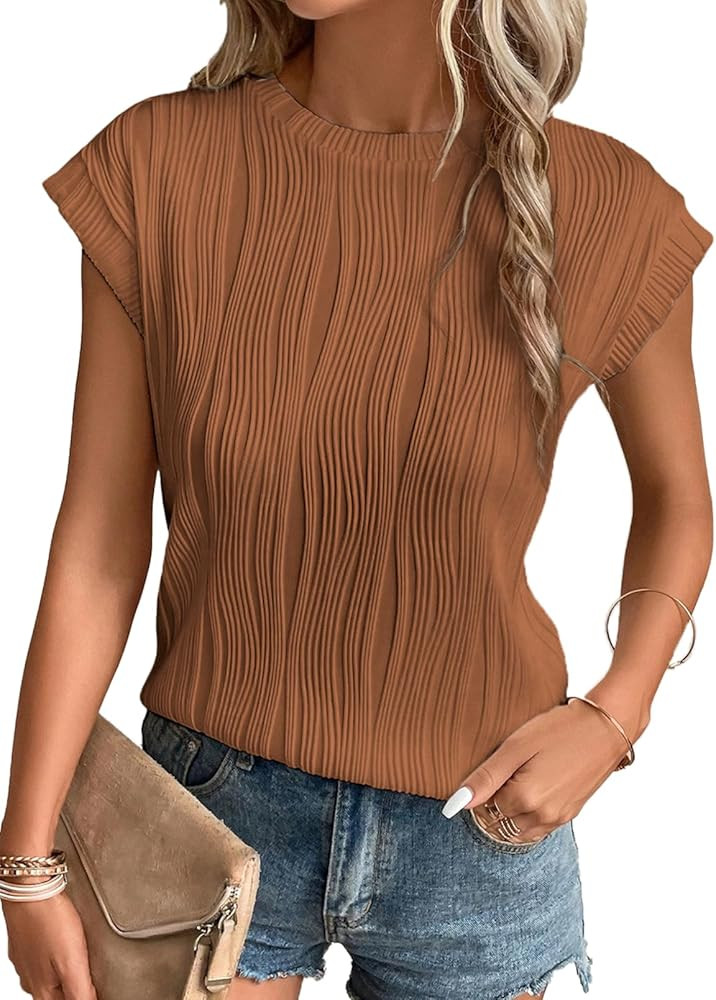 EVALESS Womens Short Sleeve Textured Tops Crewneck Knit Solid Loose Casual Basic T Shirts Tee Blo... | Amazon (US)