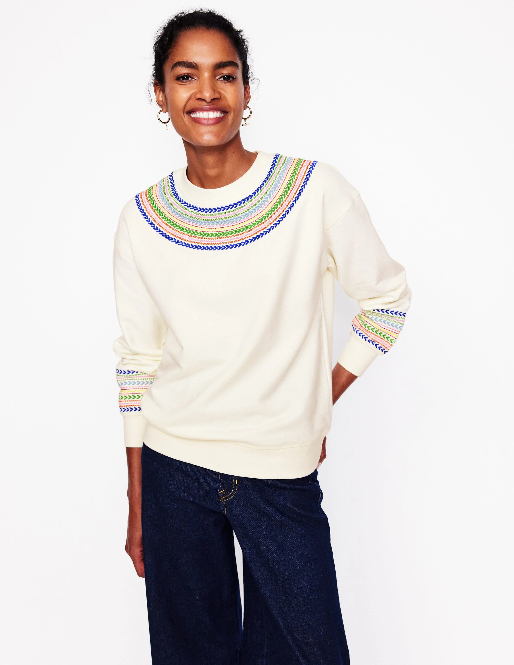 Emi Embroidered Sweatshirt-Ivory, Multi Fairisle | Boden (US)