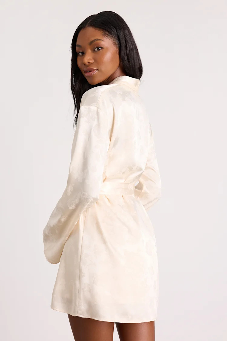 Lyria Champagne Satin Jacquard Short Robe | Lulus