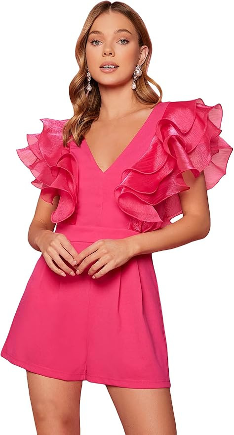 WDIRARA Women's Mesh Layered Ruffle Sleeve V Neck Pleated Solid Rompers Short Jumpsuits | Amazon (US)