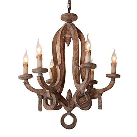 Rustic Cottage Chic Sculpted Wooden 6-Light Chandelier Ceiling Light Fixture with Candle Shaped Ligh | Walmart (US)