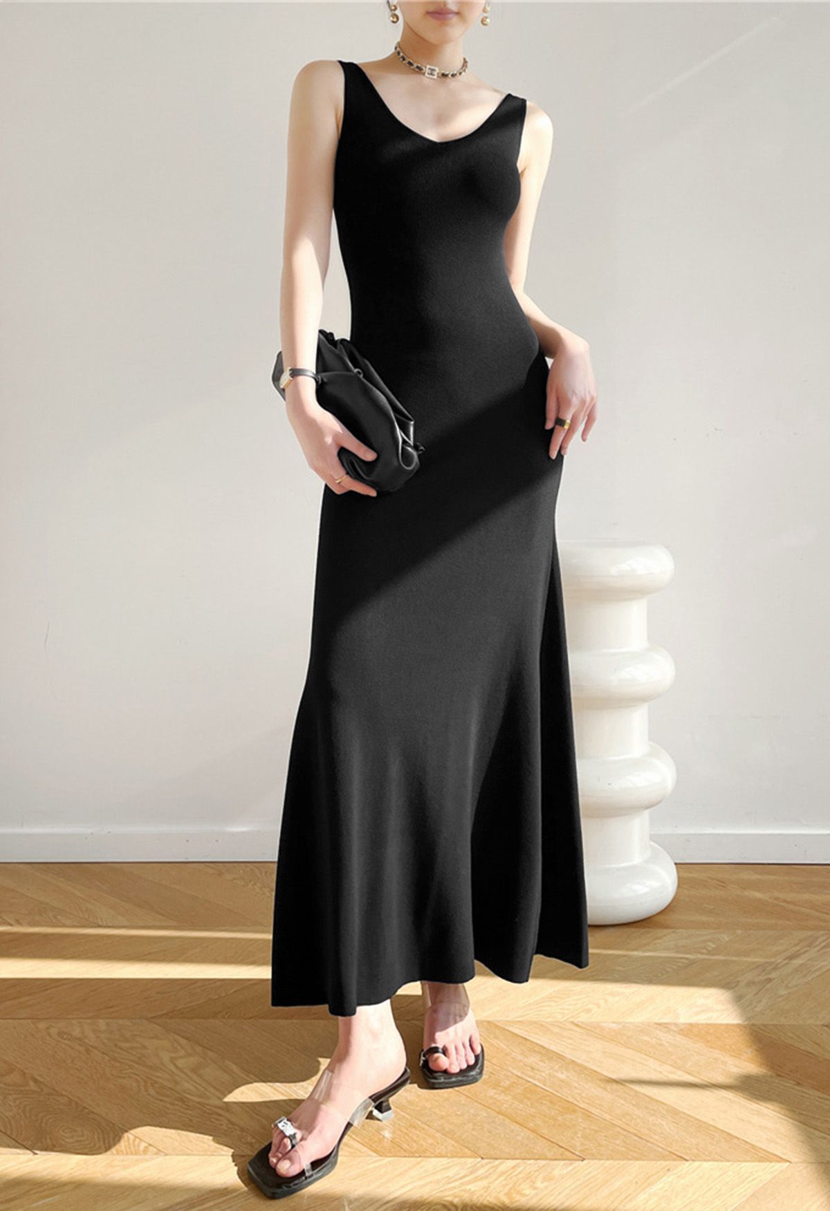 V-Neck Frill Hem Sleeveless Maxi Dress in Black | Chicwish