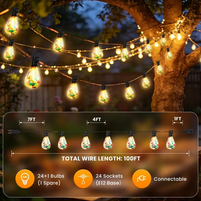 VIPLIKE 100FT Outdoor String Lights, with 24+1 Warm White S14 Dazzling Bulbs for Patio Decor, Cle... | Walmart (US)